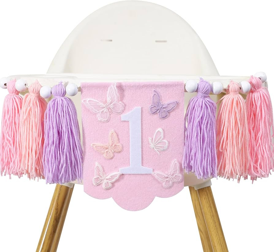Butterfly 1st Birthday High Chair Banner - Fairy Butterfly Pink and Purple Tassel, Spring Butterf... | Amazon (US)