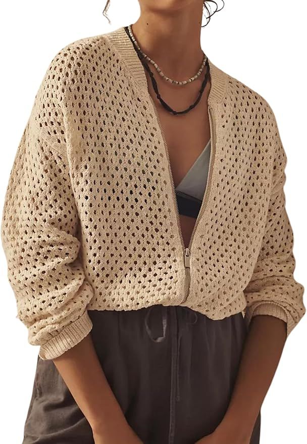 Women's Crochet Cardigan Zip Up Bomber Jacket Lantern Long Sleeve Shrugs Short Sweater Top | Amazon (US)