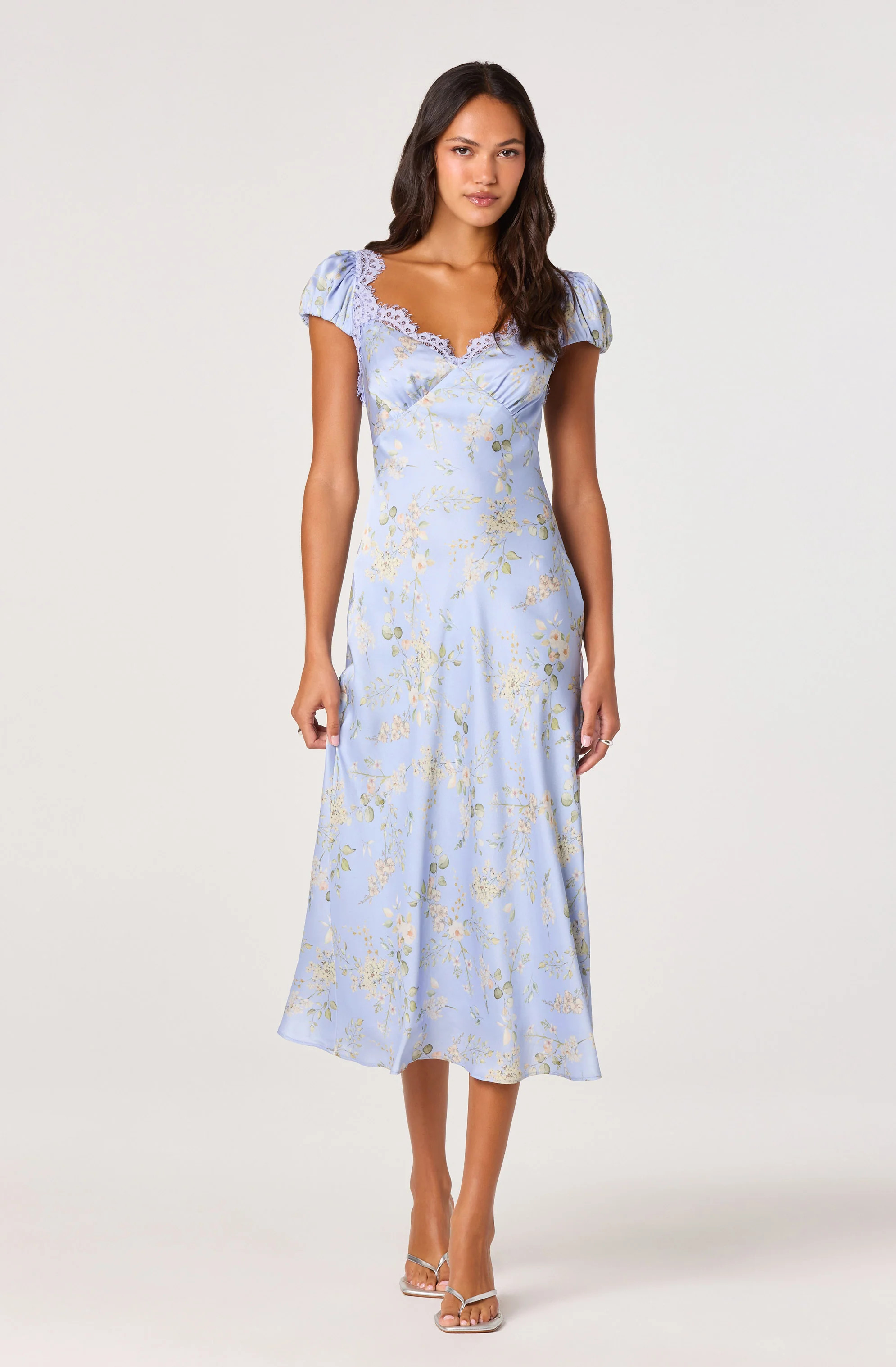 Makaela Puff Sleeve Floral Satin Midi Dress - Blue floral / XS | ASTR The Label (US)