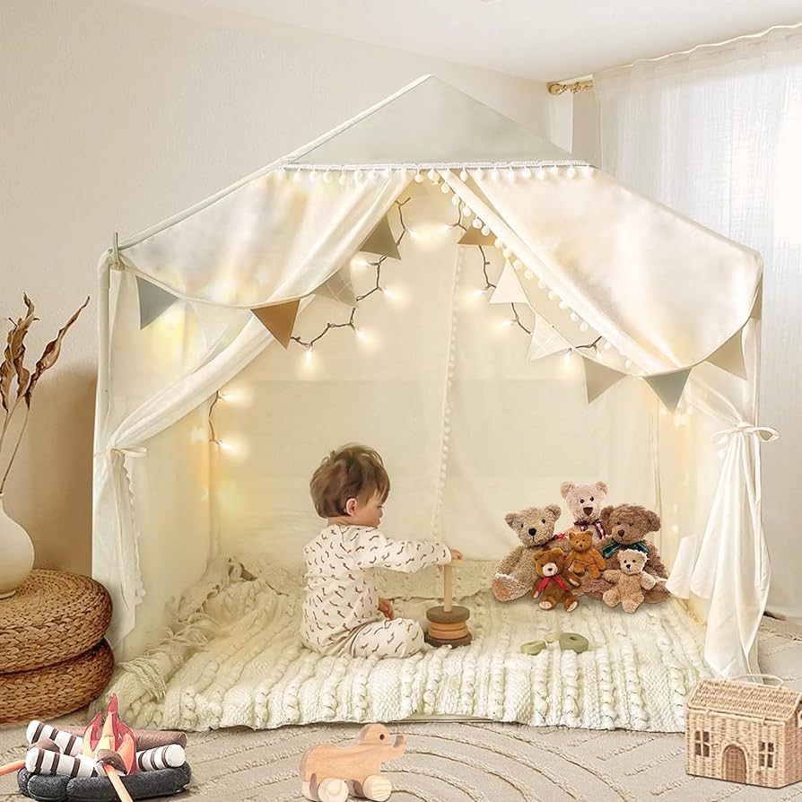 Large Kids Tent with Pompom, Kids Playhouse Indoor & Outdoor with Star Lights, Tent for Kids Read... | Amazon (US)