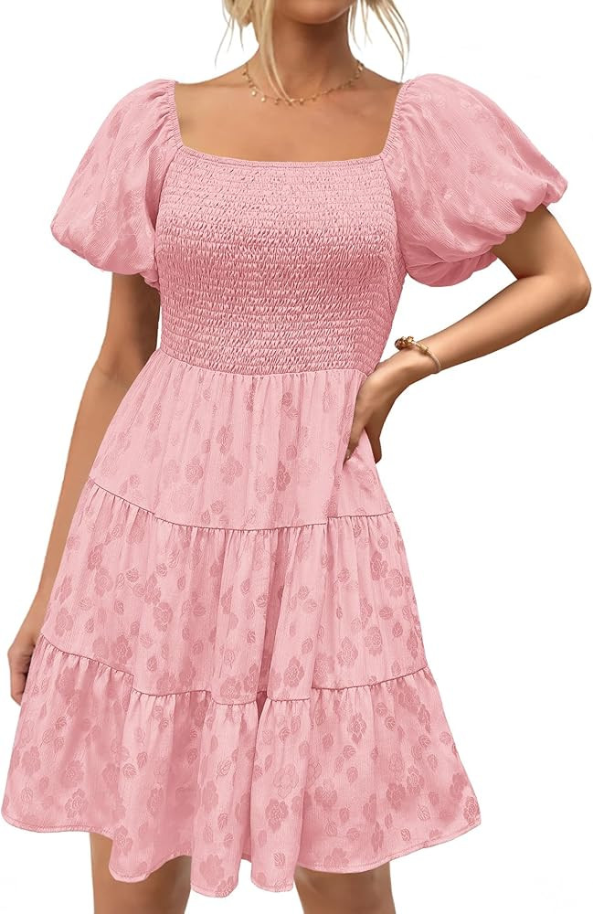 dowerme Womens Summer Dresses 2025 Puff Short Sleeve Square Neck Smocked Floral Wedding Guest Min... | Amazon (US)