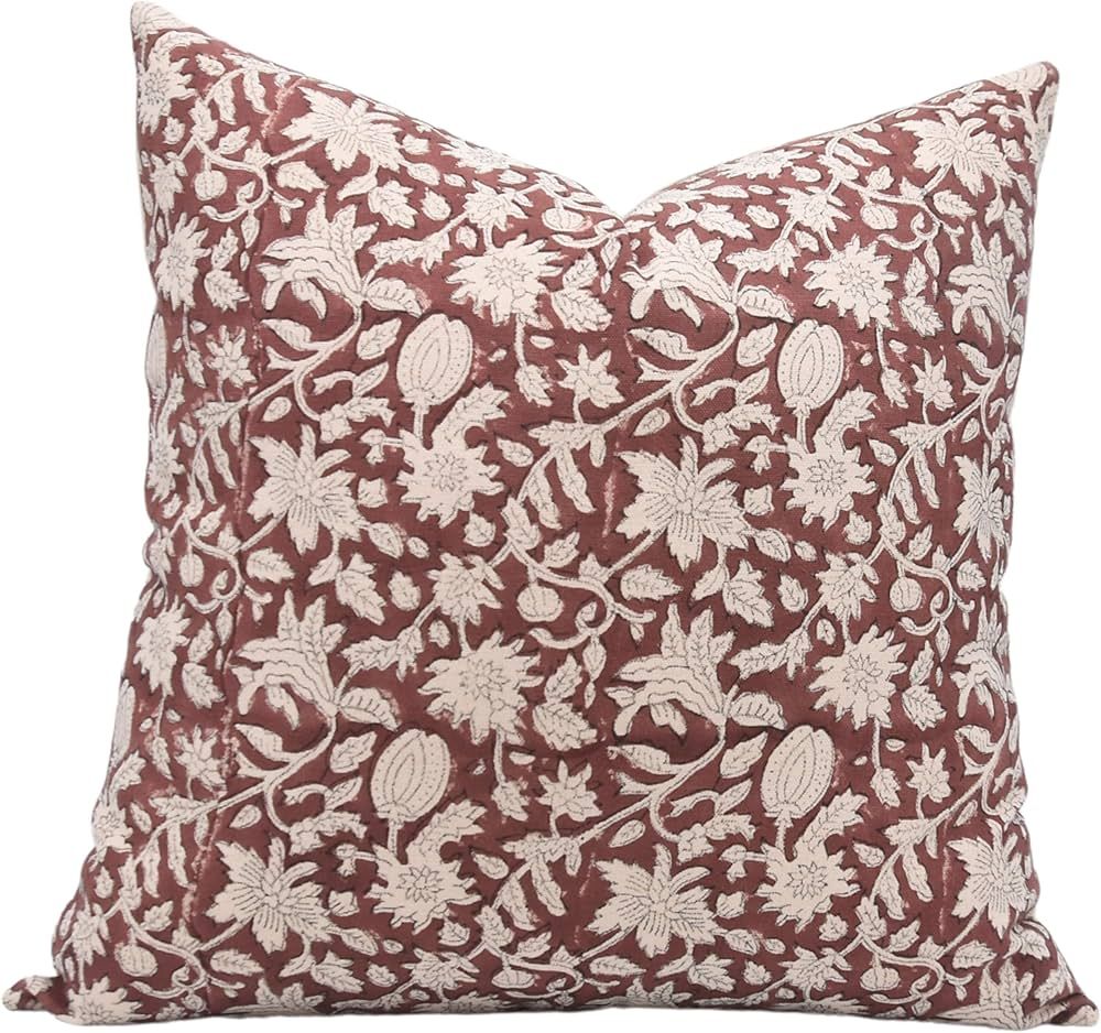 Fabritual Block Print Cotton 22x22 Throw Pillow Covers, Floral Print Boho Home Decor (Brown, Mani... | Amazon (US)