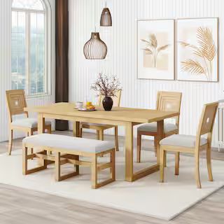Modern 6-Piece Natural and Beige Rectangle Wood Top Dining Set 18 in. Butterfly Leaf, 4- Upholste... | The Home Depot