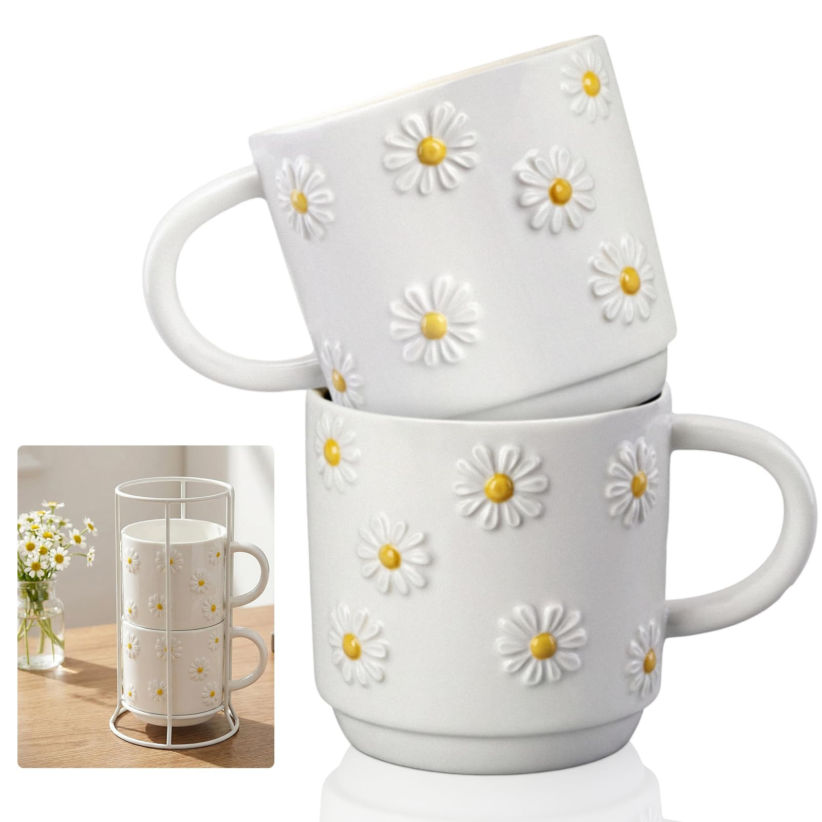 LemonRoad 2 Pcs Daisy Ceramic Coffee Mugs Handmade Pottery Coffee Cup 12 oz Stackable Cute Spring... | Amazon (US)