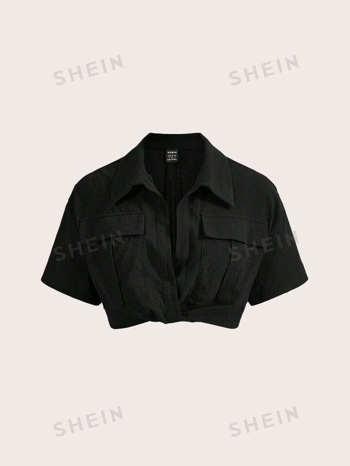 SHEIN EZwear Summer Flap Pocket Knot Hem Crop  Shirt | SHEIN