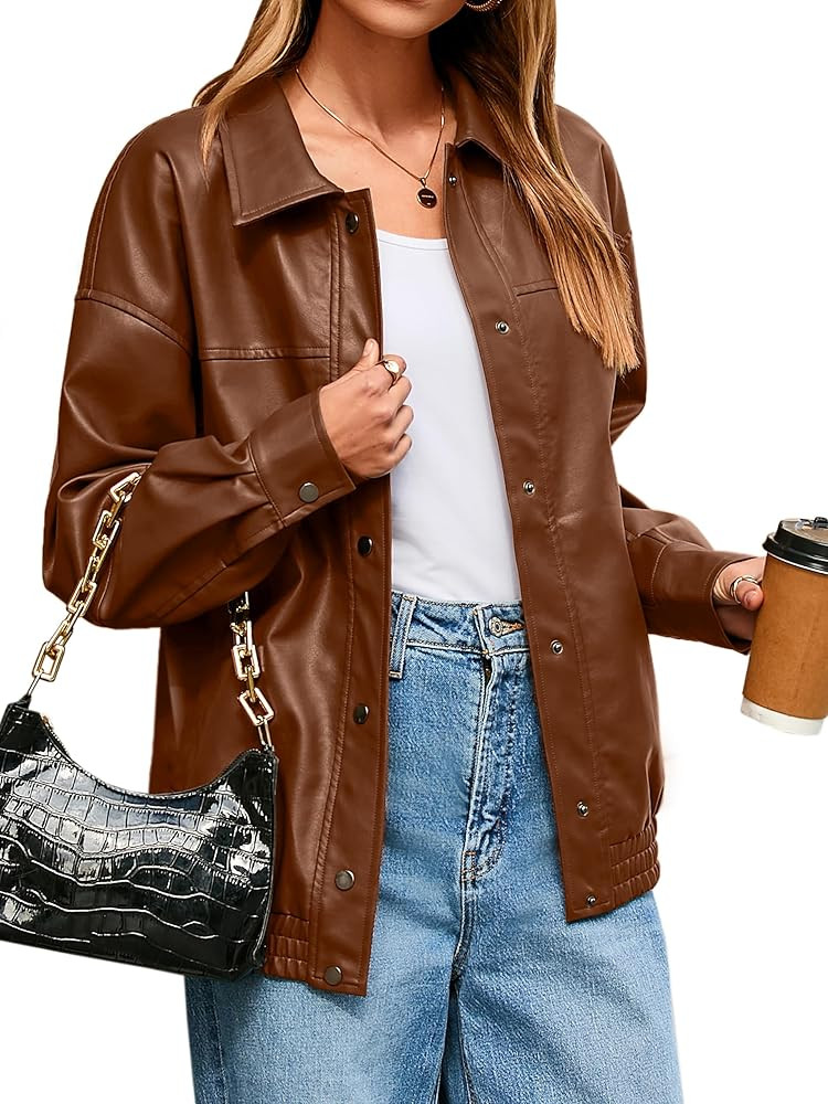 Glamaker Womens Oversized Faux Leather Jacket Fall Outfits Button Down Motorcycle Bomber Jackets ... | Amazon (US)