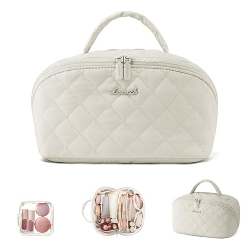 LOVEVOOK Travel Makeup Bag for Women, 2Pcs Puffer Waterproof Cosmetic Organizer, Large Capacity Pouch Open Flat Small Toiletry Bag with Brush Compartment & Handle (Off-white, Medium) | Amazon (US)