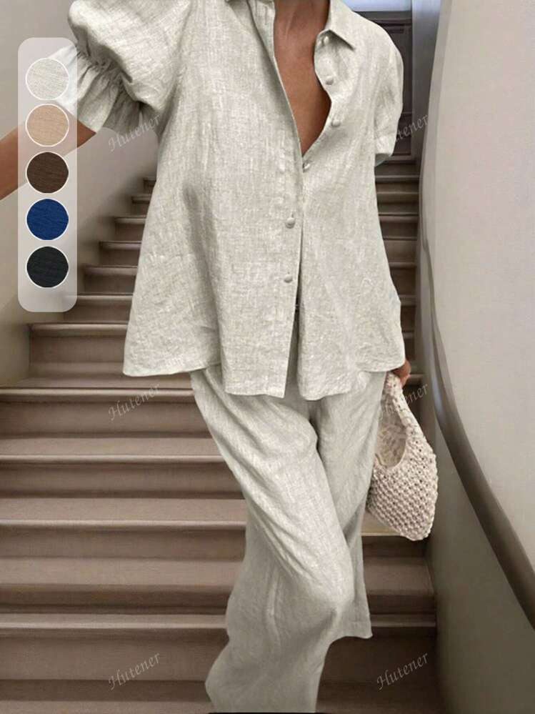 Women 2Pcs Set Elegant Commuter Outfit Beige Short Puff Sleeve Button Top & Solid Color Pants, Spring/Summer | SHEIN