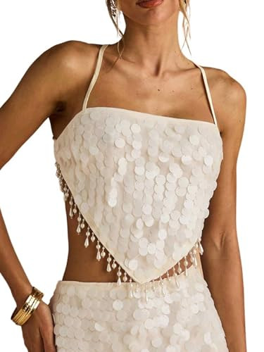 MakeMeChic Women's Sequin Beaded Fringe Halter Tops Criss Cross Backless Sparkly Party Crop Tops ... | Amazon (US)