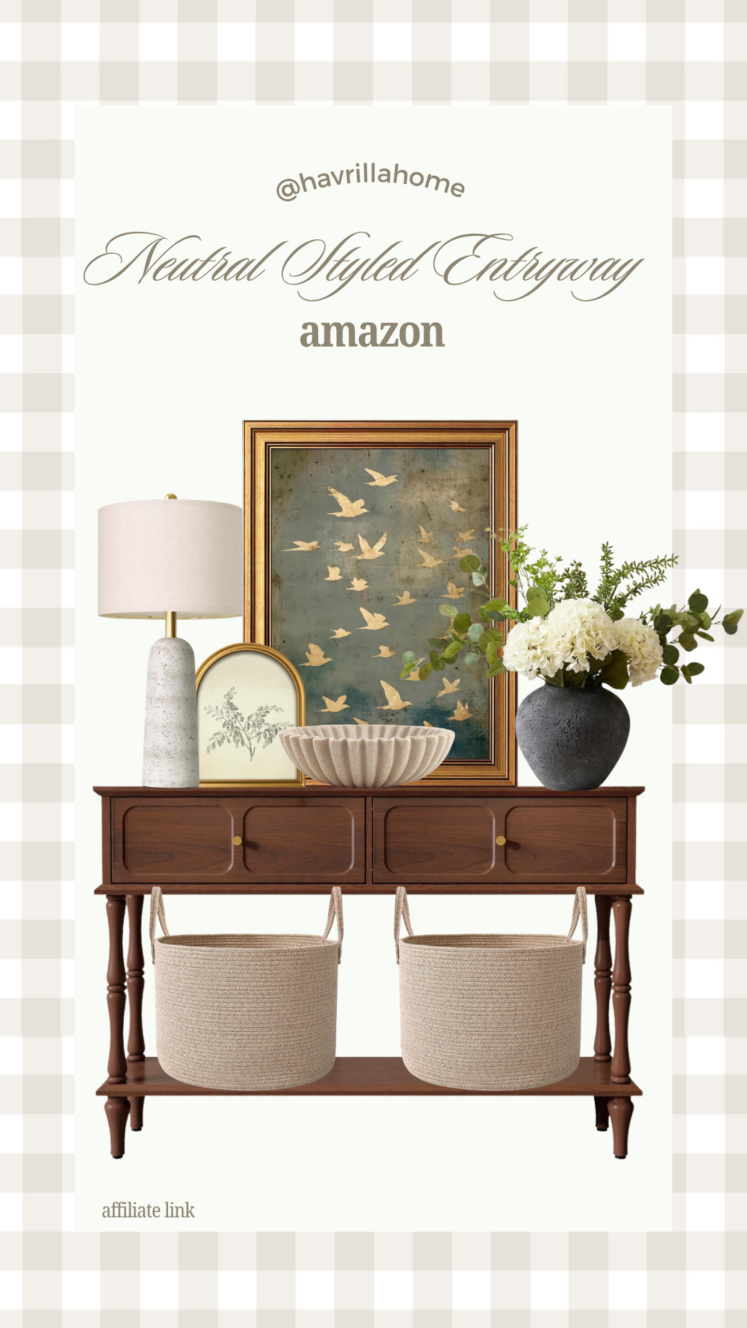 Amazon Neutral Styled Entryway: Amazon entryway decor, Amazon entryway furniture, neutral entryway ideas, styled entryway inspiration, wood console table, entryway console styling, neutral table lamp, framed wall art, decorative bowl, black vase decor, woven storage baskets, warm wood furniture, transitional entryway, modern traditional decor, neutral home decor, designer inspired Amazon finds, affordable entryway decor, elevated neutral home

#LTKHome