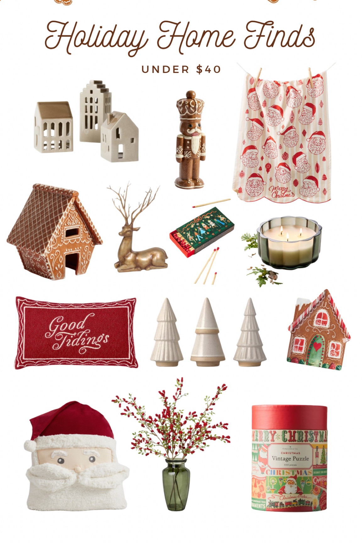 Holiday Home Decor - all under $40 and several things are on sale for early Black Friday deals 

Ceramic Christmas trees, gingerbread house, Santa pillow, holiday candle, Santa kitchen towel, holiday throw pillow, berry floral arrangement, nutcracker matches

Christmas home decor 

#LTKCyberWeek #LTKHoliday #LTKHome