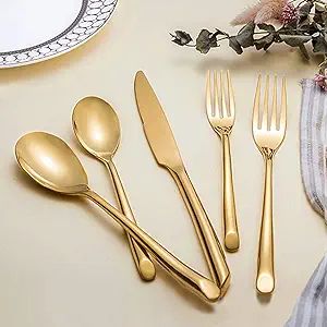 Kelenfer Gold Silverware Flateware Set Stainless Steel Cutlery Set 20 Piece with Wave Handle Wedd... | Amazon (US)