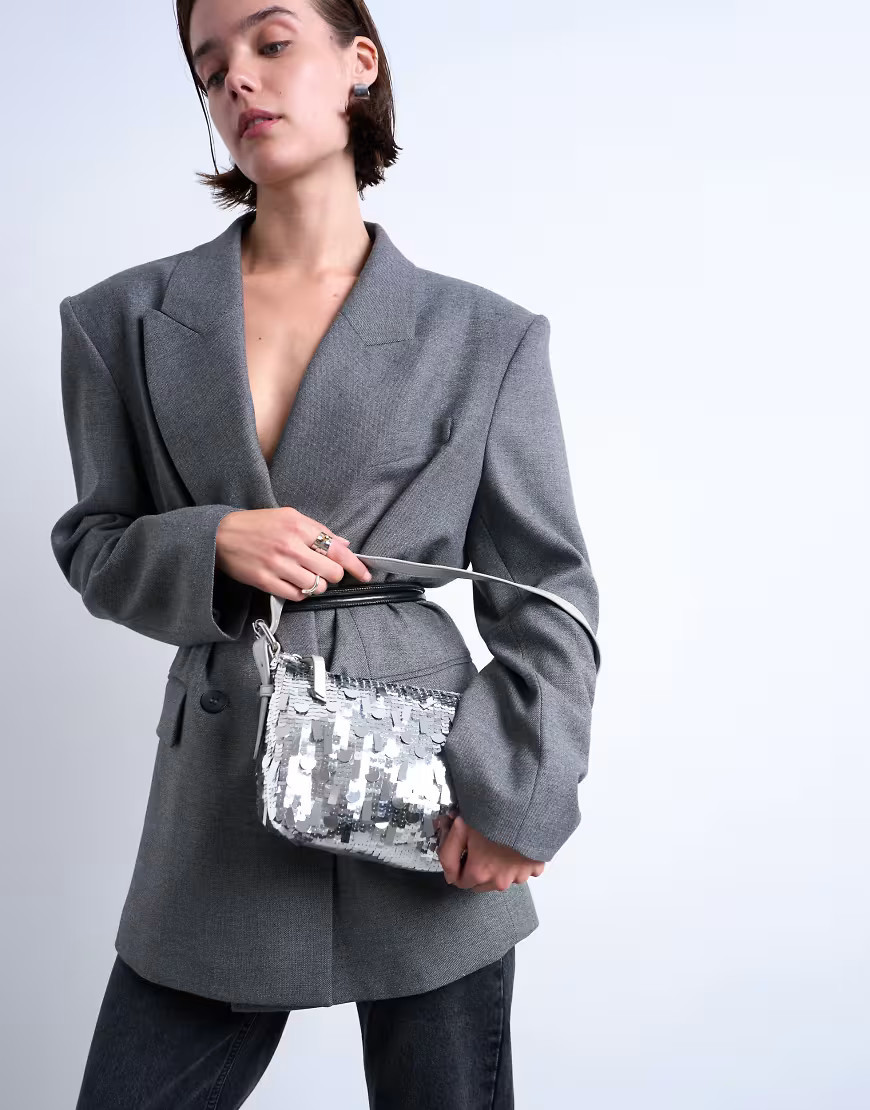 Topshop Sol shoulder sequin bag with leather handle in silver | Topshop