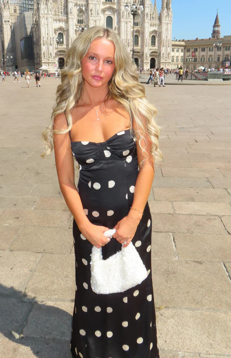 Smith Black Satin Spot Maxi Dress | Beginning Boutique | Beginning Boutique (US)