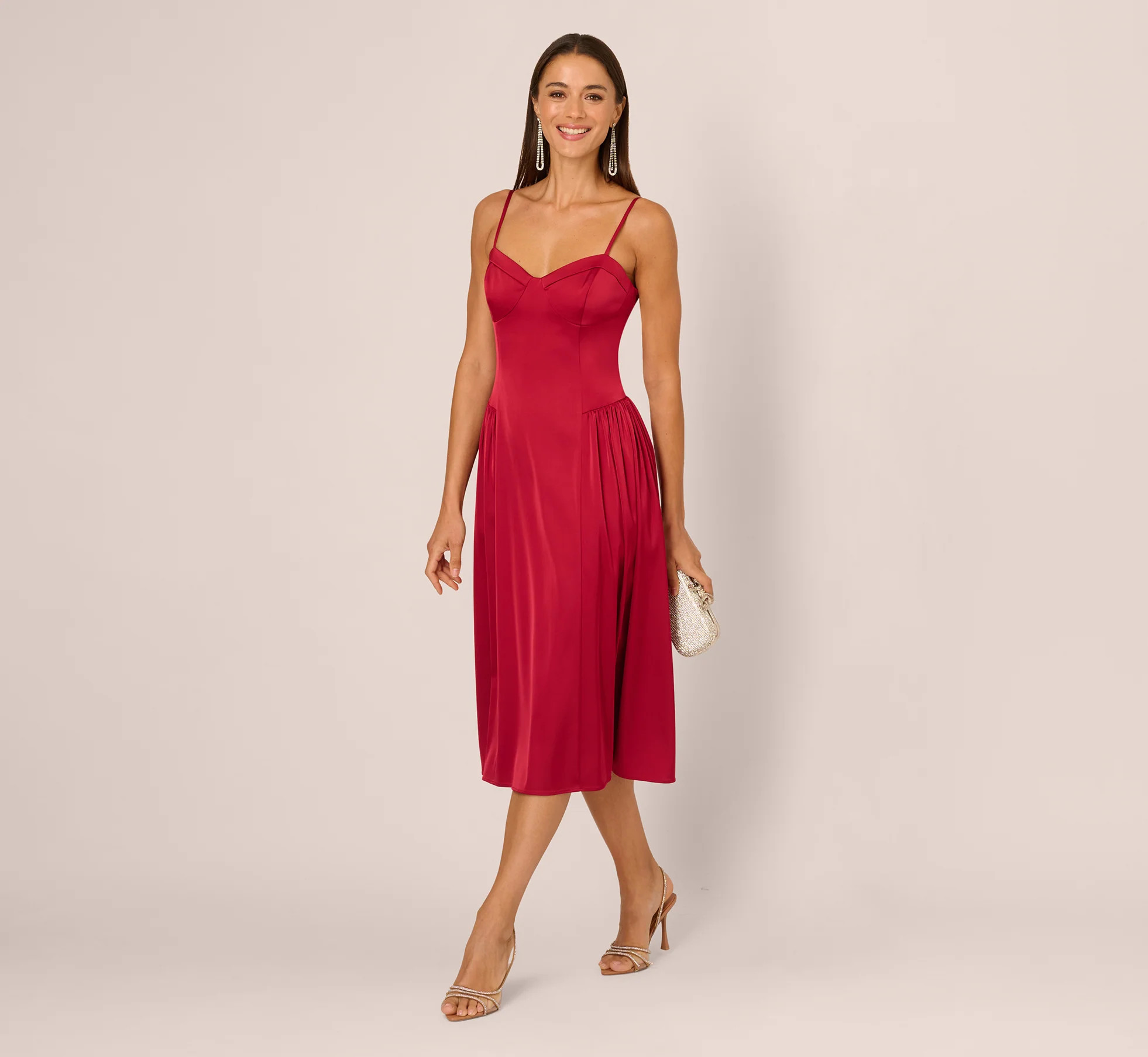 Stretch Satin Corset Back Midi Dress In Matador Red | Adrianna Papell