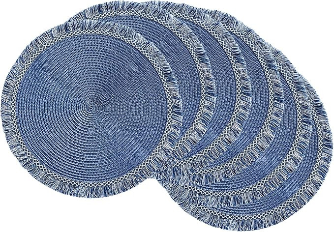 DII Woven Placemat Collection Round, 14.75" Diameter, Nautical Blue Fringe, 6 Piece | Amazon (US)