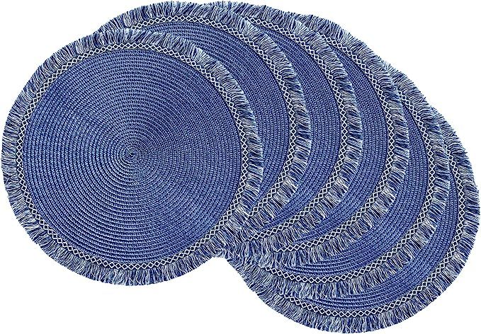 DII Woven Placemat Collection Round, 14.75" Diameter, Nautical Blue Fringe, 6 Piece | Amazon (US)