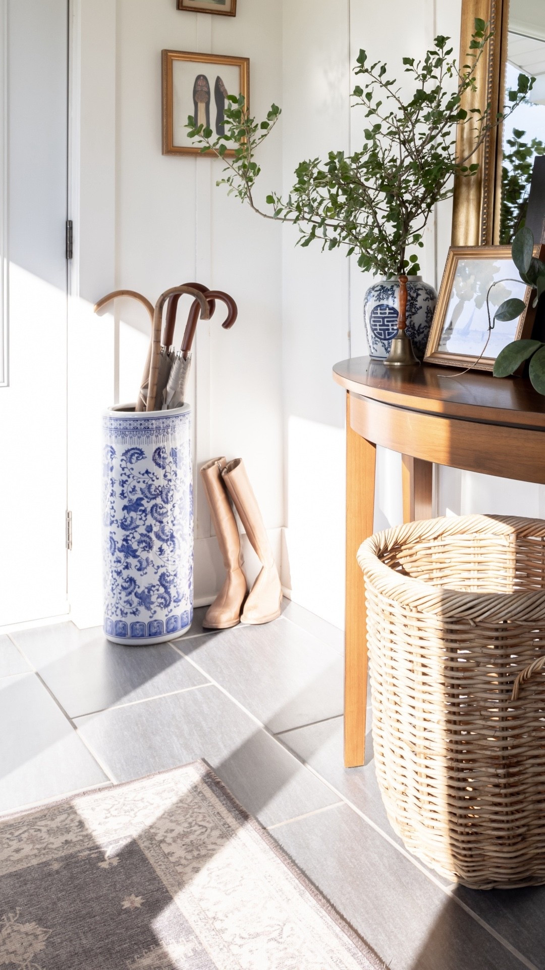 Blue and white traditional chinoiserie umbrella stand in our mudroom. Traditional entryway decor.

#LTKFamily #LTKSeasonal #LTKHome