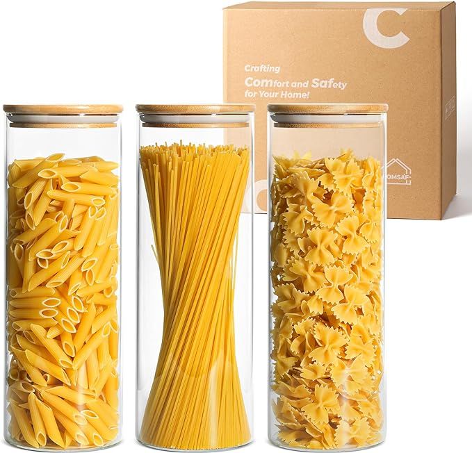 ComSaf Glass Spaghetti Pasta Storage Container with Lids 74oz Set of 3, Tall Clear Airtight Food ... | Amazon (US)