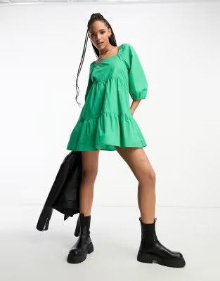 JDY puff sleeve mini smock dress in bright green | ASOS (Global)