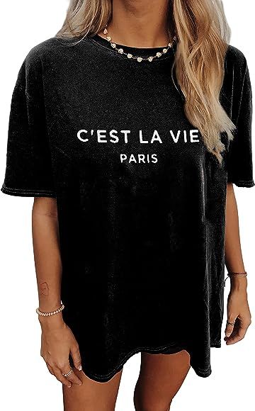CSDAJIO Women's Cest La Vie Prais T Shirt Letter Print Oversized Graphic Tees Round Neck Basic Te... | Amazon (US)