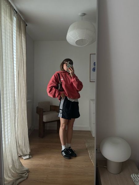 Red rustic hoodie, adidas shorts, casual outfit, layering, Uniqlo tshirt, adidas handball spezial trainers, Vehla sunglasses, summer outfit 

#LTKsummer #LTKuk #LTKstyletip