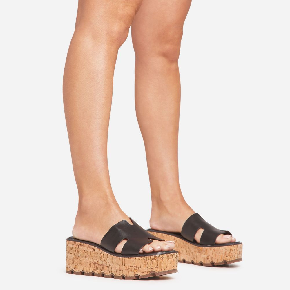 Mango Caged Strap Platform Cork Wedge Mule In Black Faux Leather | EGO Shoes (US & Canada)