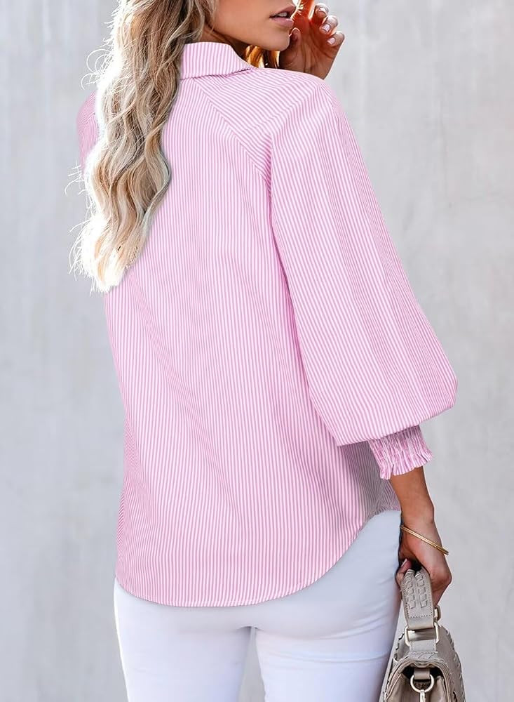 Astylish Women 2026 Fine Striped Smocked Cuffed Henley Shirts Puff Long Sleeve Collared Blouse To... | Amazon (US)