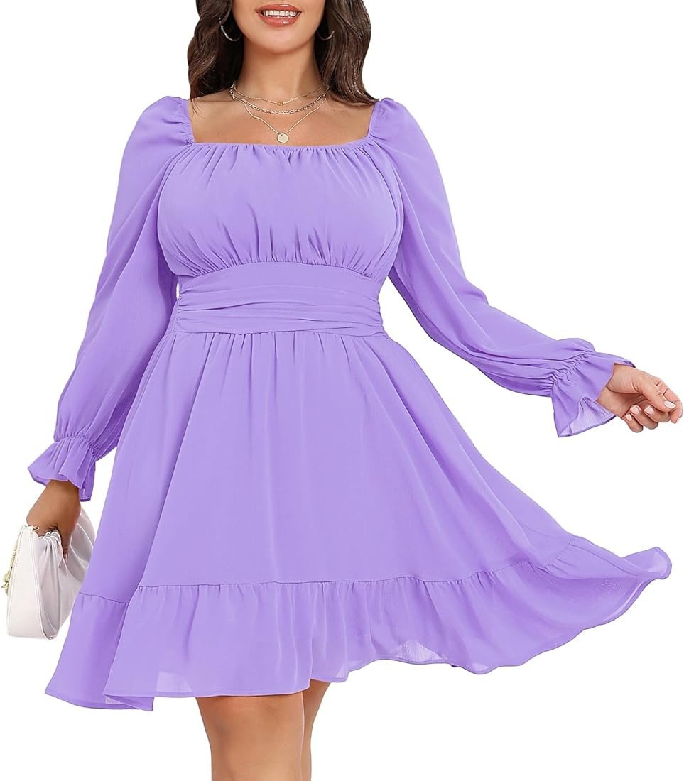 Byinns Women's Plus Size Tie Back Square Neck Mini Dress Long Lantern Sleeve Elastic Waist Weddin... | Amazon (US)