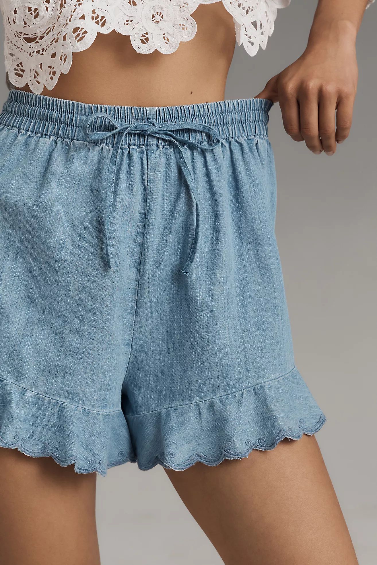 Pilcro Embroidered Ruffle Chambray Shorts | Anthropologie (US)