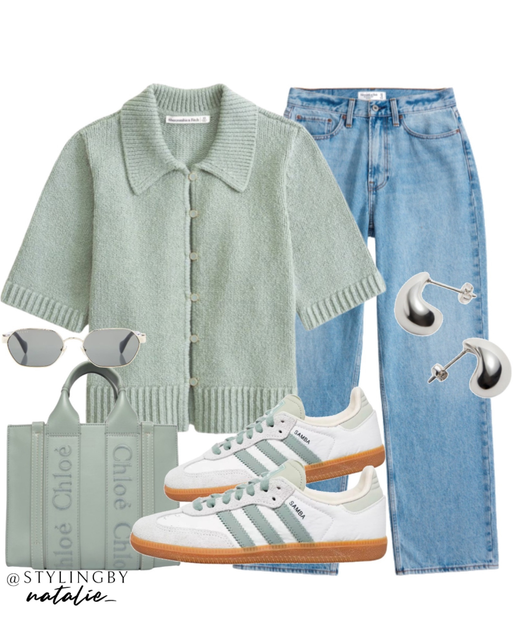 25% off all jeans at Abercrombie this weekend and 15% off everything else. 
Knit collared shirt sleeve cardigan in sage green, high rise baggy jeans, adidas samba trainers, Chloe tote bag and silver earrings.
Transitional outfit, knitwear, wide jeans, loose jeans, sneakers, everyday outfit.

#LTKuk #LTKstyletip #LTKsale
