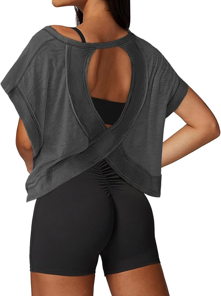 UNIANKIYA Open Back Workout Tops for Women Loose Fit Athletic Crop Tee Short Sleeve Gym Running Y... | Amazon (US)