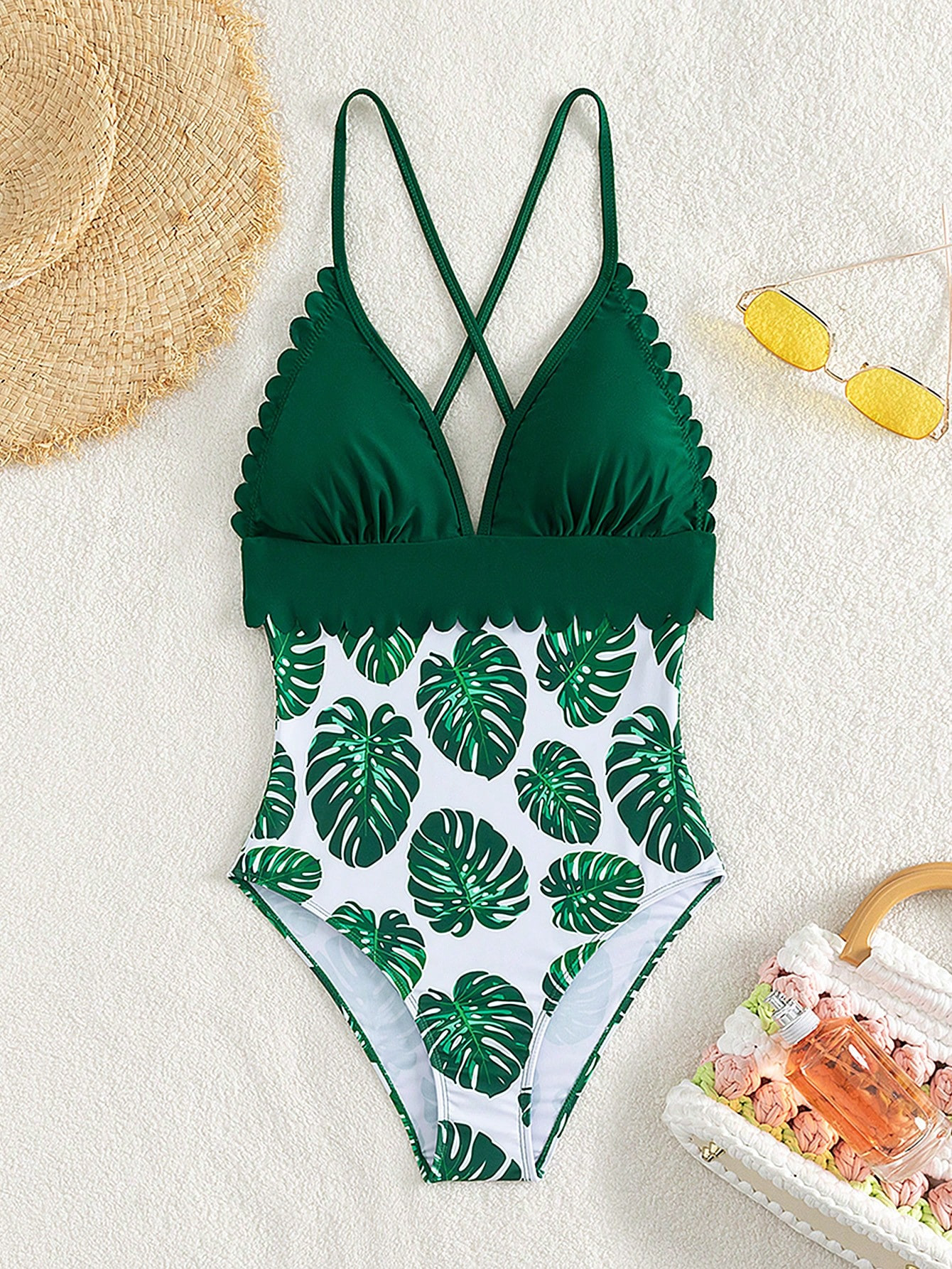 SHEIN Swim Tropical Print Scallop Trim Crisscross Backless One Piece Swimsuit | SHEIN