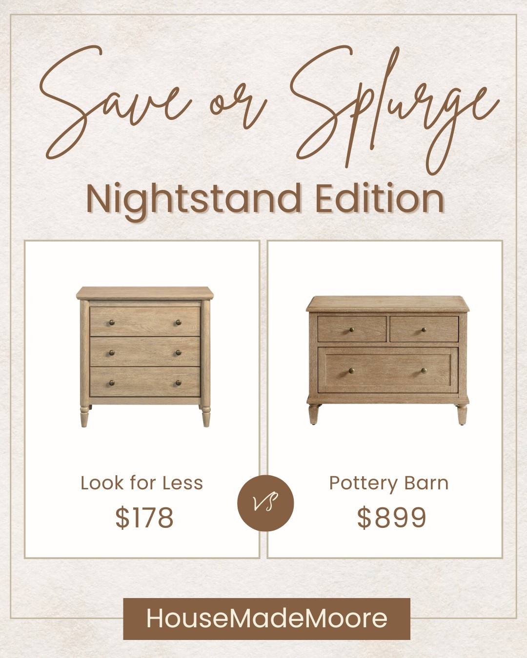 A neutral wood nightstand is the perfect finishing touch to a well-styled bedroom—offering both form and function in one chic little package. These Save vs. Splurge options bring the same warm wood tones, classic drawer details, and timeless design, but at very different price points.

Whether you need a cozy bedside setup, extra storage, or the perfect spot for your nighttime essentials, this piece blends style and practicality beautifully.

Would you save or splurge on this one? Because even the smallest furniture pieces deserve a designer look.

#LTKHome