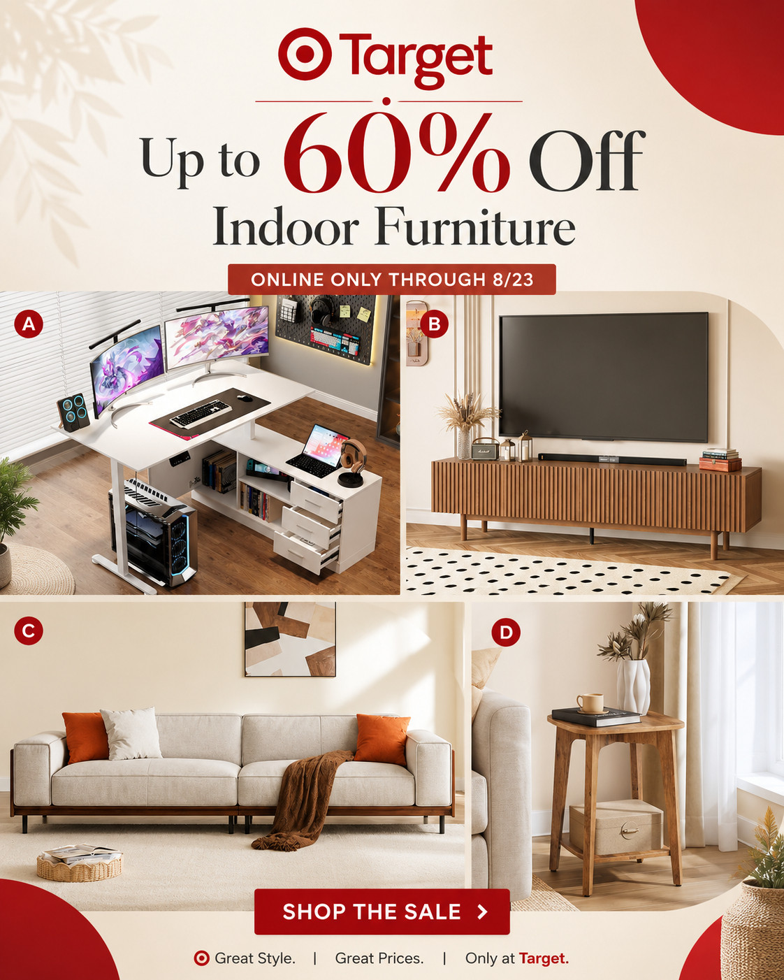 🚨 **Target furniture sale alert!** Target has **up to 60% off indoor furniture online only through 8/23** — and there are some seriously good finds hiding in this sale. 👀🏠

Think media consoles, sofas, side tables, desks, storage pieces + more for that end-of-summer home reset without the full-price regret.

🛒 **Shop the sale before the best pieces disappear!**

*Sale prices and availability may vary. Affiliate links may be used, which means I may earn a commission at no additional cost to you.*

#TargetFinds #TargetStyle #TargetHome #TargetSale #FurnitureSale #HomeDeals #HomeDecorDeals #AffordableHomeDecor #HomeRefresh #HomeInspo #SandalwoodAndSerenity #TheHollowQuill
 

 