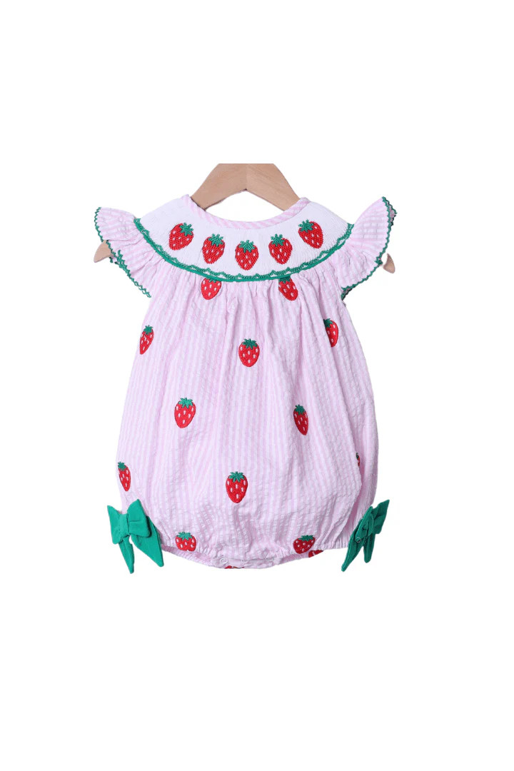 Smocked Strawberry Pink Seersucker Bubble | The Smocked Flamingo