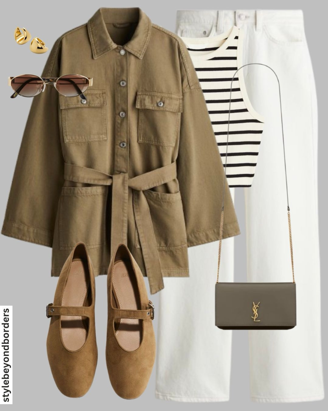 Neutral outfit for spring 🌼
Tags: oversized khaki denim belted jacket with button opening and pockets,white wide leg denim jeans, basic sleeveless striped crop top, spring casual chic outfit, ysl handbag,trending color combo brunch outfit, casual outfit, easy to style, chic outfit, leopard ballet flats, elegant outfit, vacation outfit neutral outfit, office outfit, modest outfit, midsize outfit,ballet flats, denim, jeans, mom jeans, sunglasses, sandals, linen trousers, H&M, Zara,vest


#LTKmodest #LTKstyletip #LTKspring