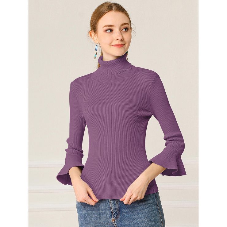 Allegra K Women's Ruffle Sleeves Pullover Turtleneck Stretchy Knit Sweater | Target