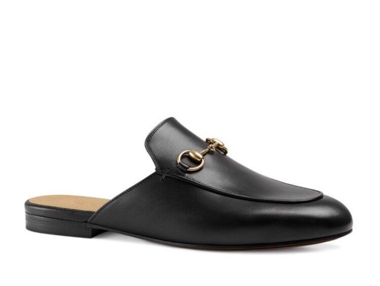 New GUCCI 'Princetown' Black Nero Leather Gold Horsebit Mules Size 37.5 | eBay US