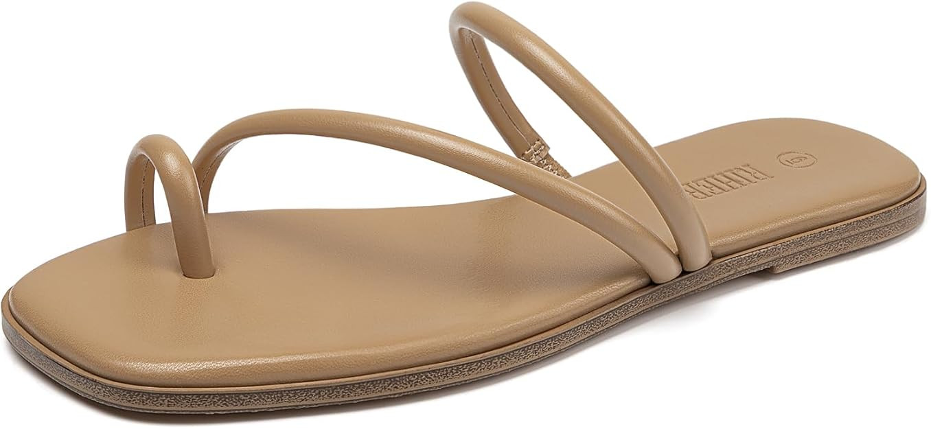 Rihero Women's Slide Sandals Comfortable Square Toe Beach Slip On Strappy Thong Flat Sandals | Amazon (US)