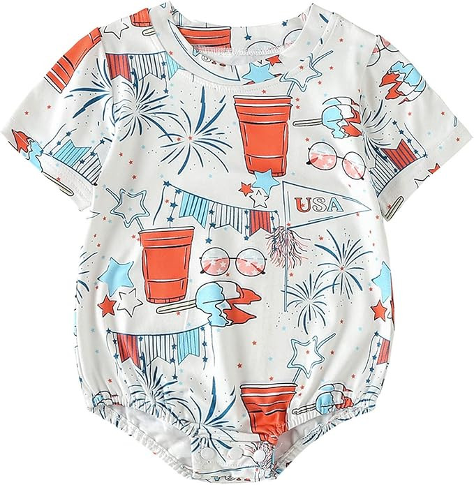 Omkzanbi 4th of July Unisex Baby Outfit USA Groovy Floral Bubble Romper Donuts Print Jumpsuit One... | Amazon (US)