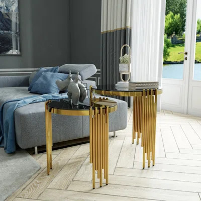 Luxury Black Glass Nesting Round End Table With Mirrored Gold Metal Legs | Wayfair North America
