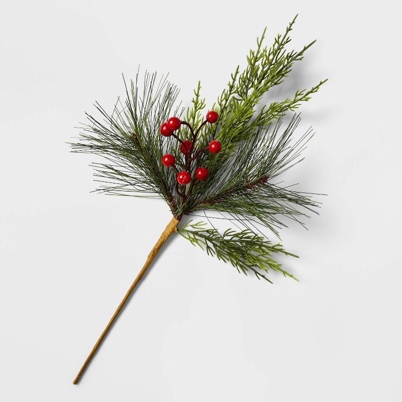 17" Cedar Hard Needle and Red Berries Stem Artificial Christmas Pick - Wondershop™ | Target