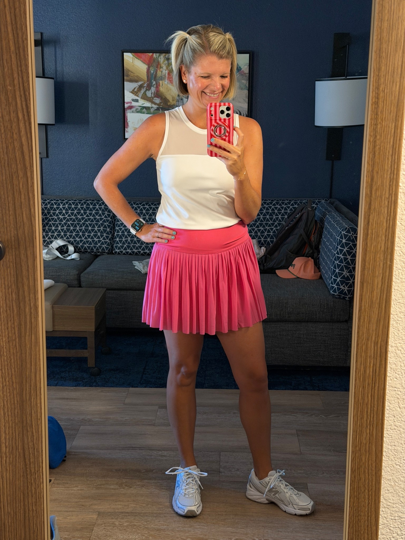 Pink mesh pleated skort TTS
White mesh top from Spin It
White and silver New Balances TtS (7 in kids = 9 in women’s 

#LTKActive #LTKOver40