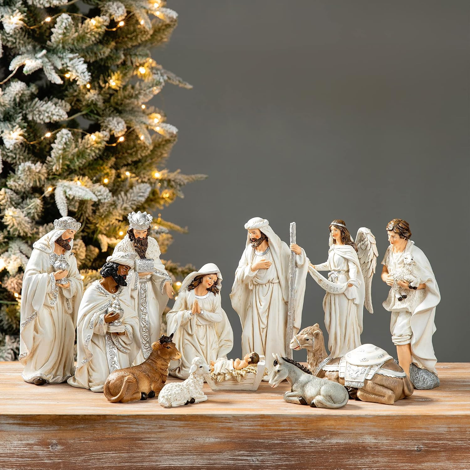 Glitzhome 12Pcs Ivory Resin Nativity Figurines Set Christmas Nativity Sets Tabletop Scenes Ornaments Xmas Nativity Collectible Figurines Indoor Decor Miniatures Statues Figures10.00" x 26.00" | Amazon (US)
