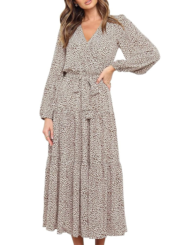 PRETTYGARDEN Womens Spring Long Sleeve Wrap V Neck Ruffle Floral Maxi Dress Casual Tie Waist Boho... | Amazon (US)