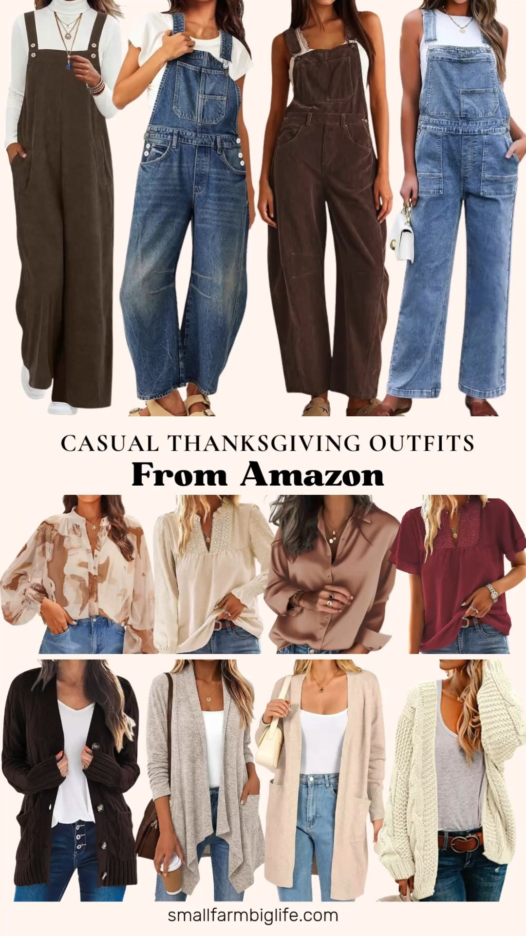 🦃 Casual Thanksgiving Outfits From Amazon

Overalls and jumpsuits make a comfortable, relaxed Thanksgiving outfit, and these Amazon finds are easy to dress up with a pretty blouse and a cozy cardigan. Start with a brown corduroy wide leg jumpsuit, brown corduroy barrel leg overalls, vintage blue denim barrel leg overalls, or bay blue straight wide leg jean overalls, all with adjustable straps and pockets. Layer a blouse underneath: a toffee satin button down, a cream boho top with lace trim and butterfly sleeves, a brown and beige floral print button down, or a burgundy Swiss dot blouse. For chilly fall days, add a cardigan, like a coffee chunky cable knit button down coatigan, a cream white oversized cable knit open front cardigan, or a lightweight long cardigan with pockets in oatmeal grey heather or almond heather. This look is comfortable enough for cooking all day and polished enough for the dinner table, and it makes an easy fall outfit for women over 50. Wear it again for Friendsgiving, pumpkin patch trips, and cozy fall weekends.

#amazonfashion #amazonfinds #thanksgivingoutfit #overalls #falloutfits 

 #LTKgrwm #LTKootd #LTKOver40