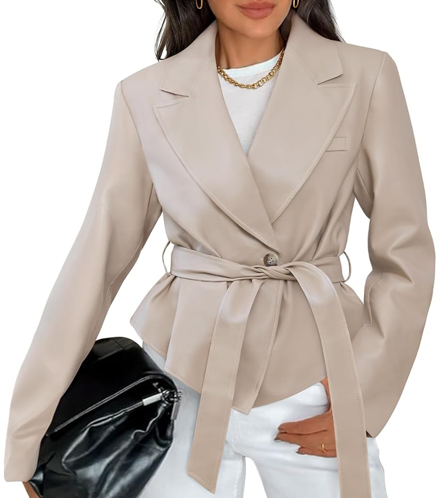 MEROKEETY Women's Fall Fashion 2025 Leather Jacket Casual Belt Button Down Blazer Trendy Coat Out... | Amazon (US)
