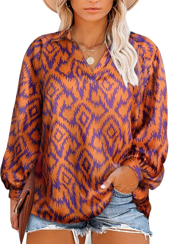 Eytino Women Plus Size Tops Boho Floral Printed Casual V Neck Long Sleeve Drawstring Blouses Shir... | Amazon (US)