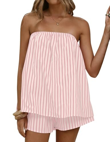 Women 2 Piece Matching Sets Striped Tube Tops Shorts Set Summer Vacation Outfits Y2K Going Out To... | Amazon (US)